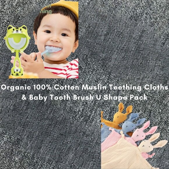 Organic 100% Cotton Muslin Teething Cloths & Baby Tooth Brush U Shape Pack1Combo - Picture 1 of 9